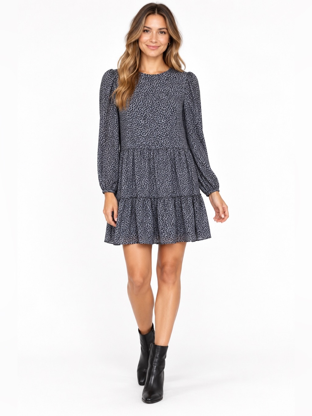 Abercrombie & Fitch Black Speckled Long-Sleeve Tiered Dress